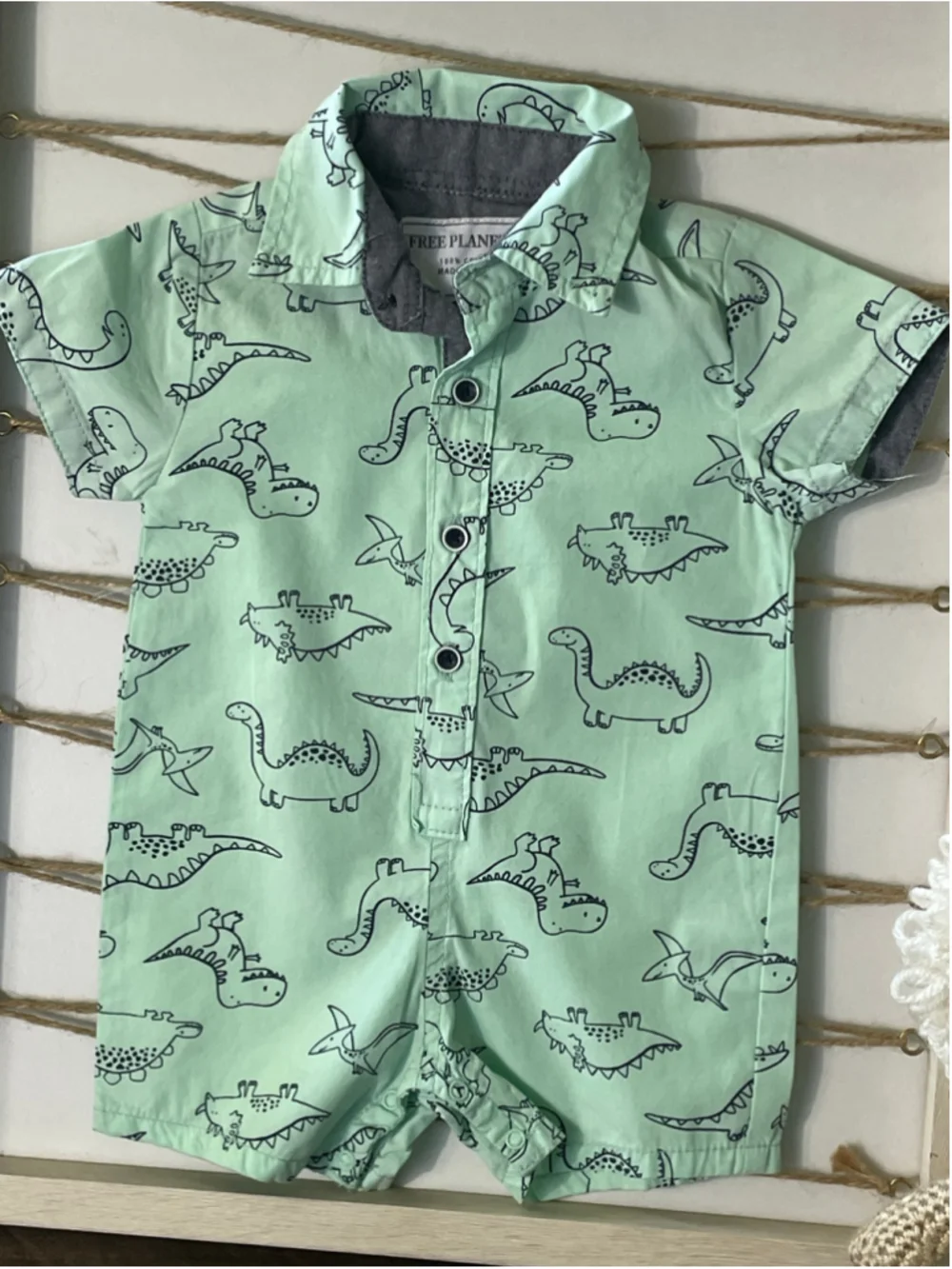 Boys Free Planet Romper 3-6 Months Mint Green Dinosaur Print